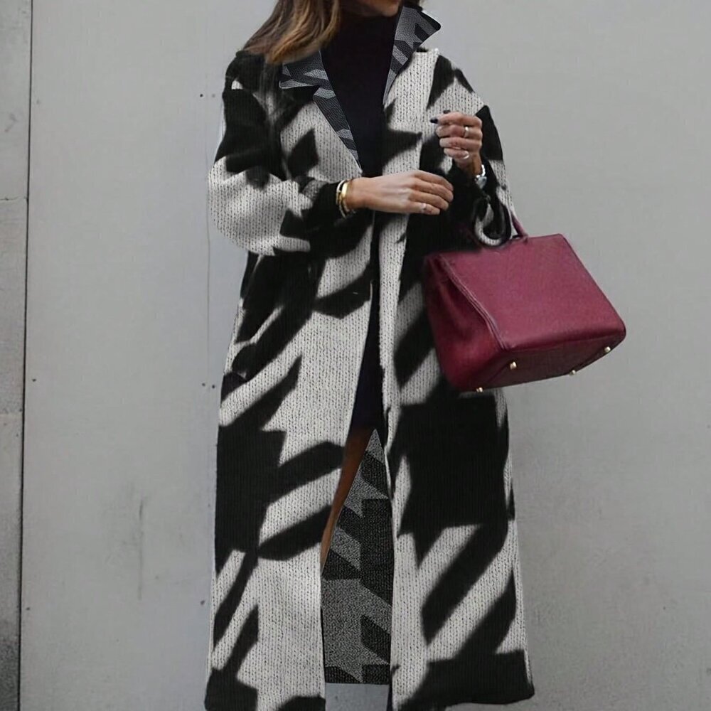 Black & White Casual Women's Contrast Color Long Sleeve Printed Knit Cardigan